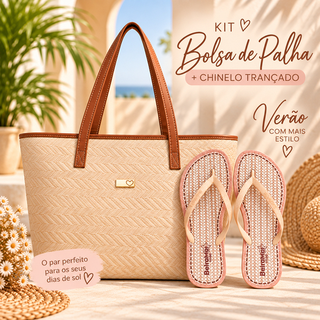 Kit Bolsa de Praia de Palha de Alta Qualidade e Chinelo de Tira