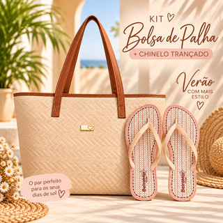Kit Bolsa de Praia de Palha de Alta Qualidade e Chinelo de Tira