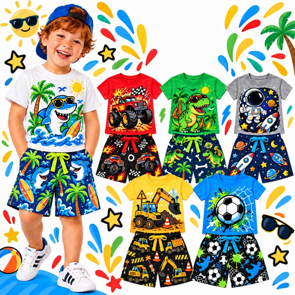 Kit Sortido 2 ou 6 Peças Roupa Infantil Masculino Verão Conjunto de Verão Menino Bebê Camiseta Manga Curta Estampas