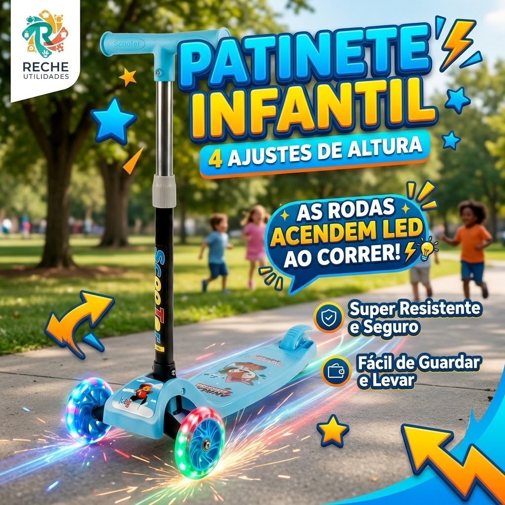 Patinete infantil 3 rodas com luz led dobrável e ajustável brinquedo presente para crianças menino menina