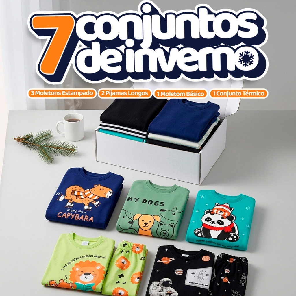 Box Liquida Inverno Menino - 3 Moletons Estampados + 2 Conjuntos Pijama Longo + 1 Moletom Básico + 1 Conjunto Térmico In