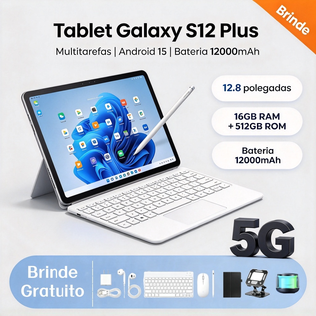 Tablet Galaxy S12 Plus 12,8 polegadas, 16 GB de RAM + 512 GB de ROM, bateria de 12.000 mAh, Android, 5G, Bluetooth Wi-Fi