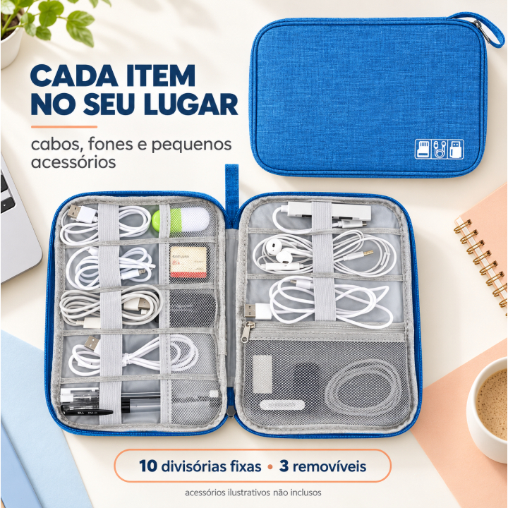 Organizador de Cabos e Acessórios Eletrônicos Bolsa Portátil com Divisórias para Carregadores Fones USB Viagem Trabalho