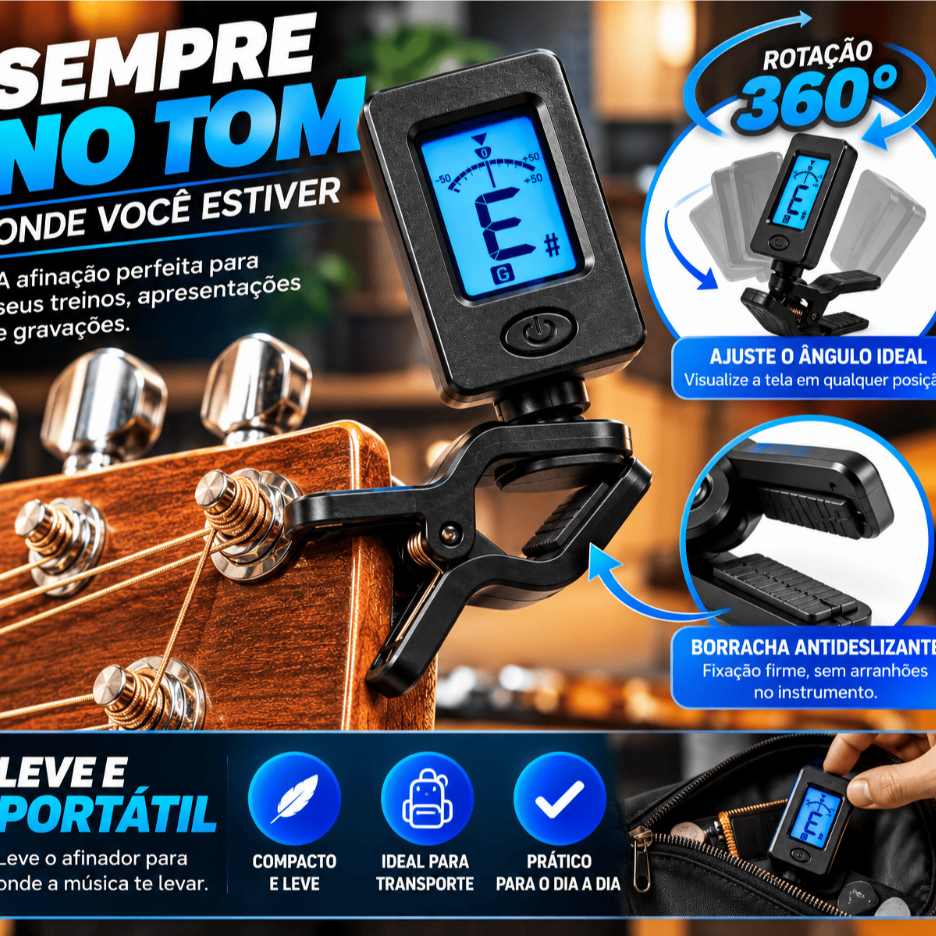 Afinador Digital Clip Cromático Violão Viola Guitarra Cavaco Ukulele Compacto Slim Clean
