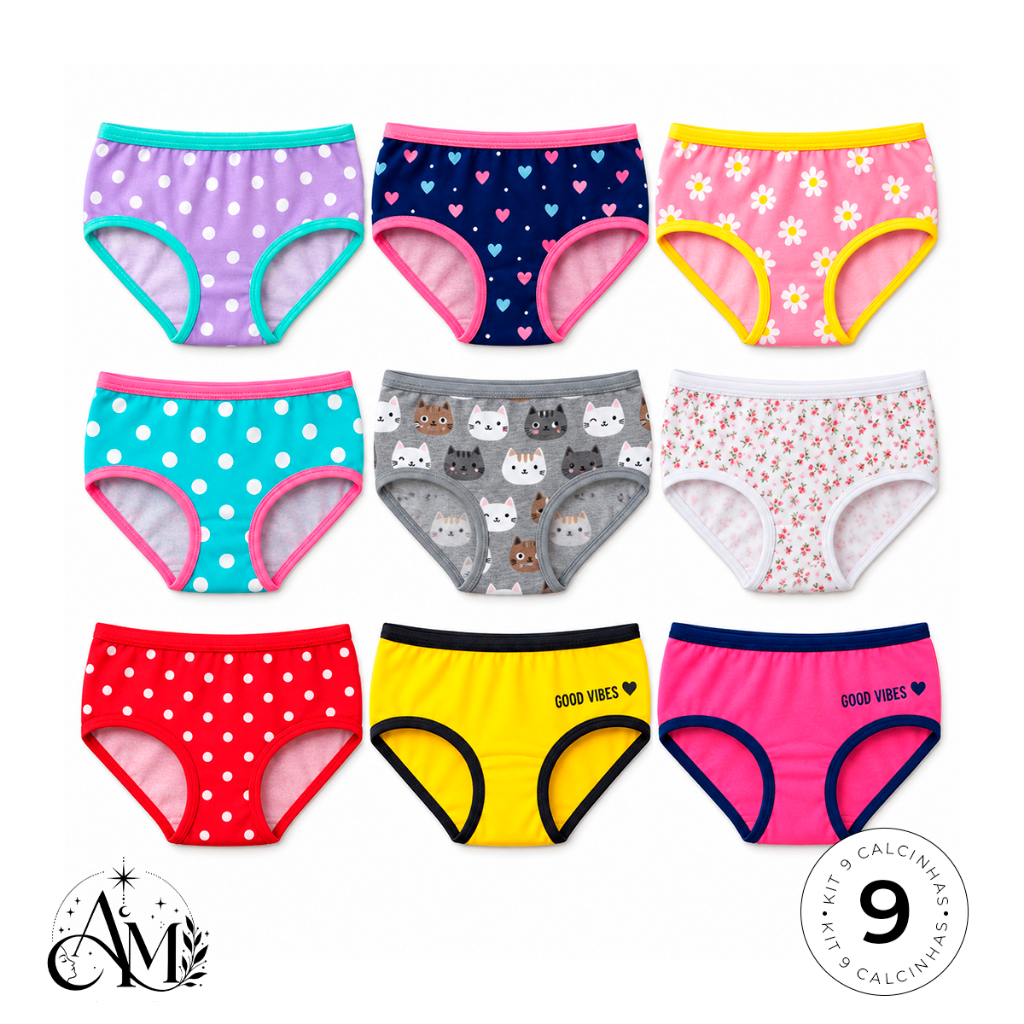 Kit 9 Calcinhas Tanga Juvenil Pop 100% Algodão Confortável Respirável Com Elástico Uso Diário