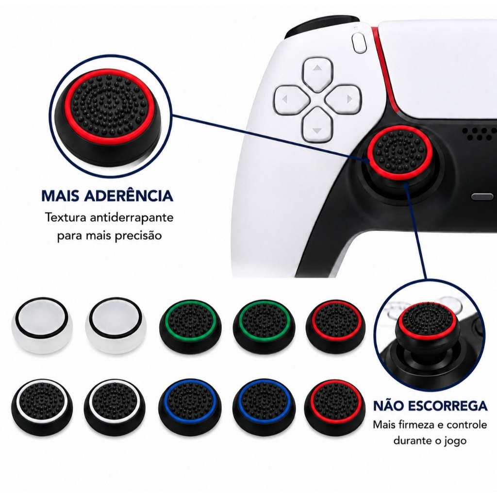 Kit com 10 Grips Diversos de Borracha Silicone Botão Compatível com Controle Gamer PS3 PS5 PS4 XBOX Protetor Analógico