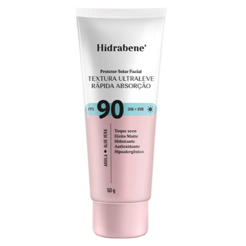 Imagem Protetor Solar Facial Hidrabene FPS 90 Toque Seco Efeito Matte Argila e Aloe Vera Ultraleve 50g