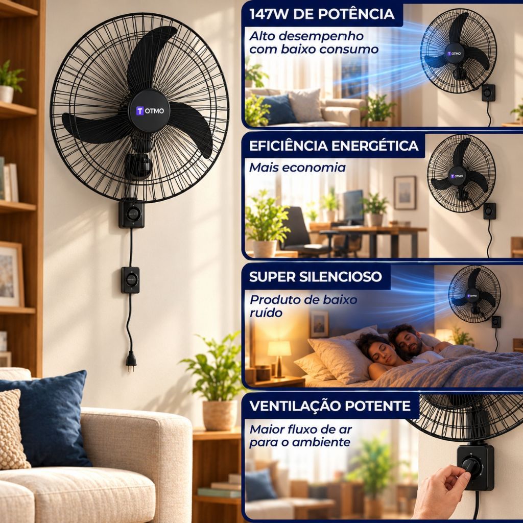 Kit 2 Ventiladores Parede 60cm 3 Pás 3 Velocidades Force Inclinável 147W Bivolt OTMO · foto 2