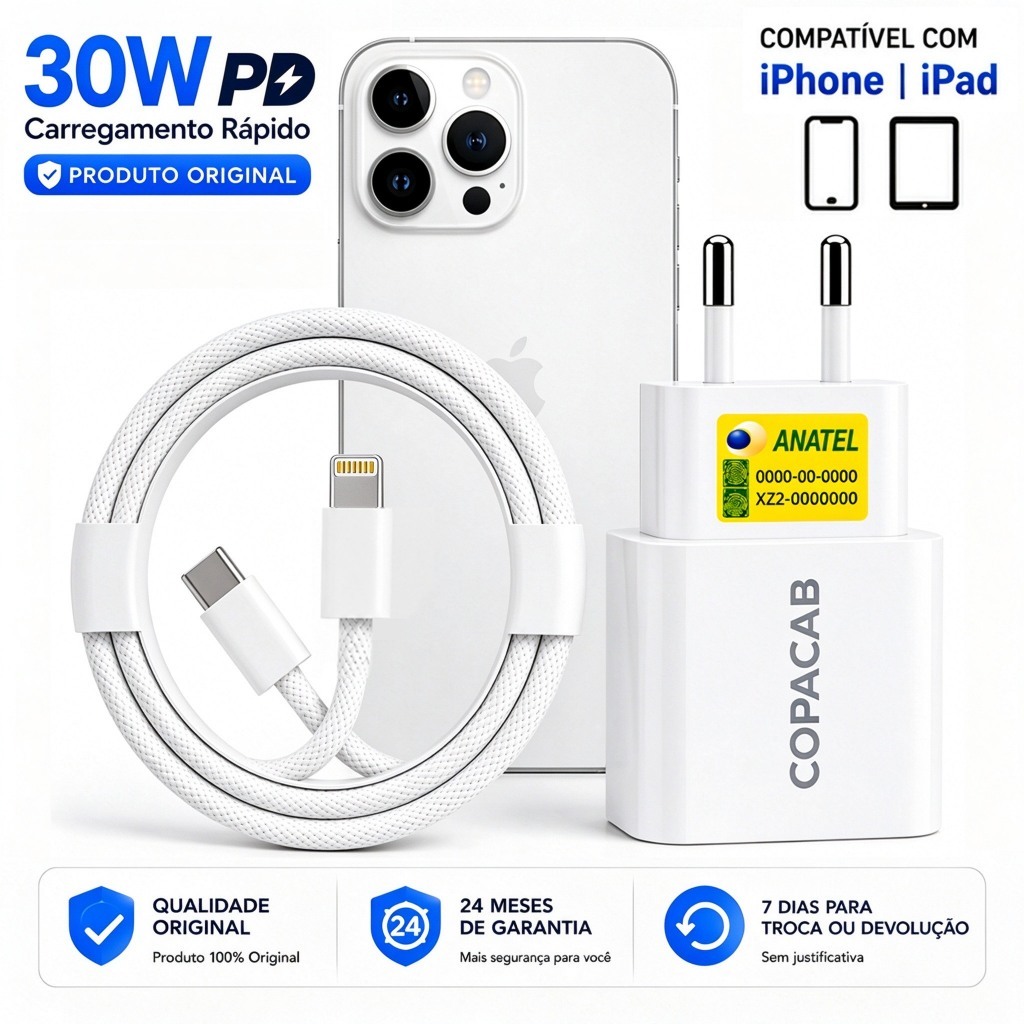 Carregador Fonte 30W USB-C PD Turbo Super Rápido com Cabo Tipo C para Lightning,para iPhone 14 13 12 11 Promax XR XSMAS