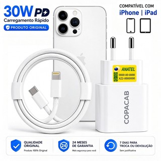 Carregador Fonte 30W USB-C PD Turbo Super Rápido com Cabo Tipo C para Lightning,para iPho…