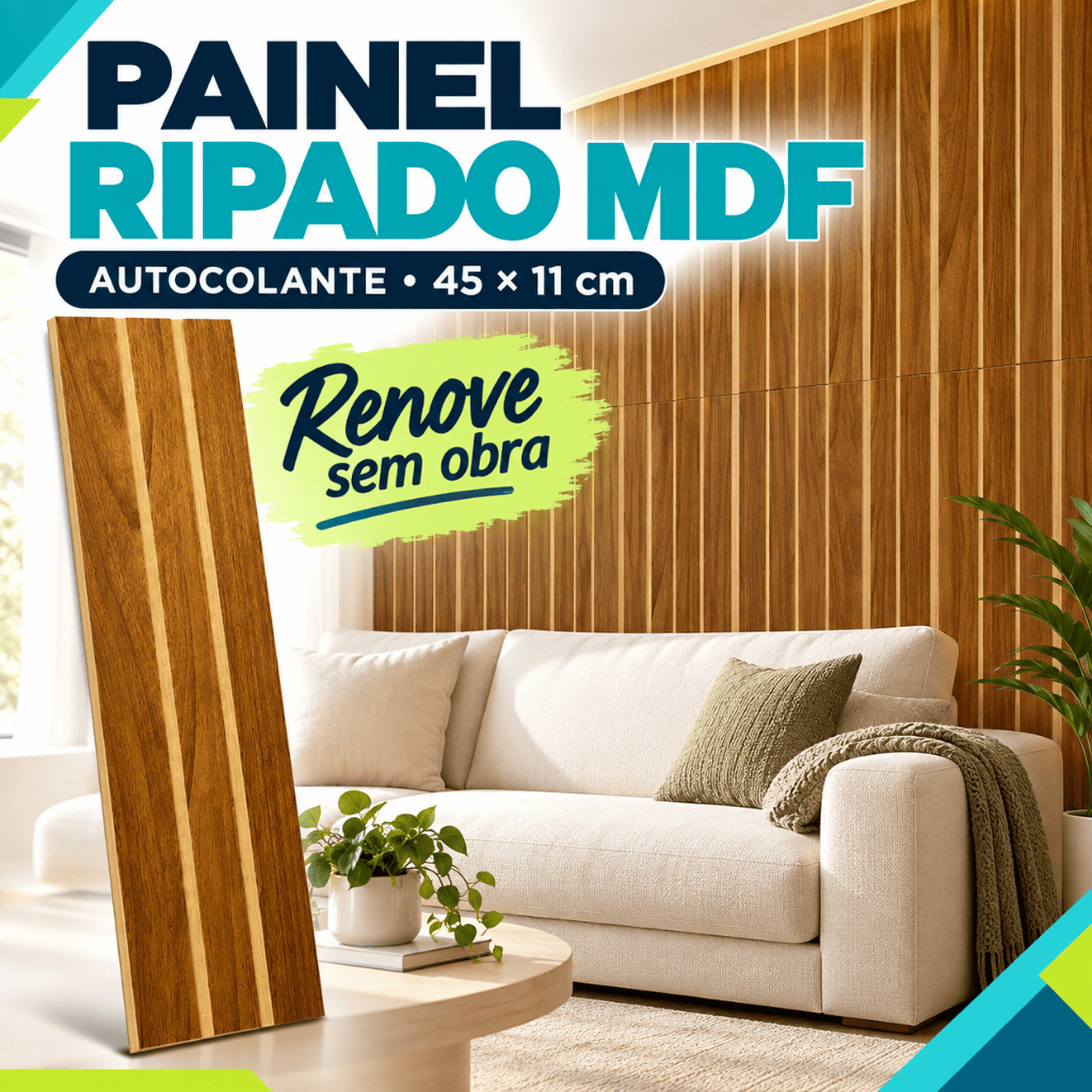 Kit Placas Painel Ripado MDF Autocolante 45x11cm – Decoração Moderna Sem Obra