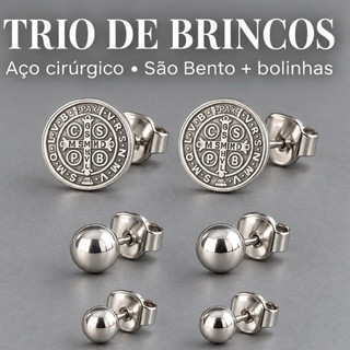 O kit com 3 pares de brincos  em aço cirúrgico