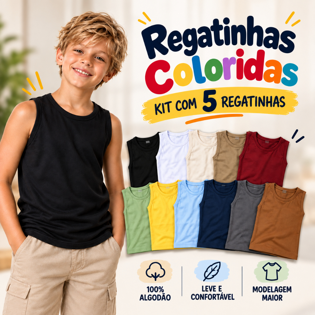 Kit 5 Regatas Infantil Menino 100% Algodão Camiseta Sem Manga Roupa Infantil Verão Cores Sortidas