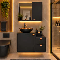 Kit Banheiro Suspenso Completo Preto Luxo Com Cuba Espelho E Gavetas Modernas