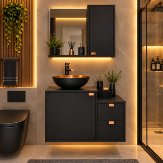 Kit Banheiro Suspenso Completo Preto Luxo Com Cuba Espelho E Gavetas Modernas
