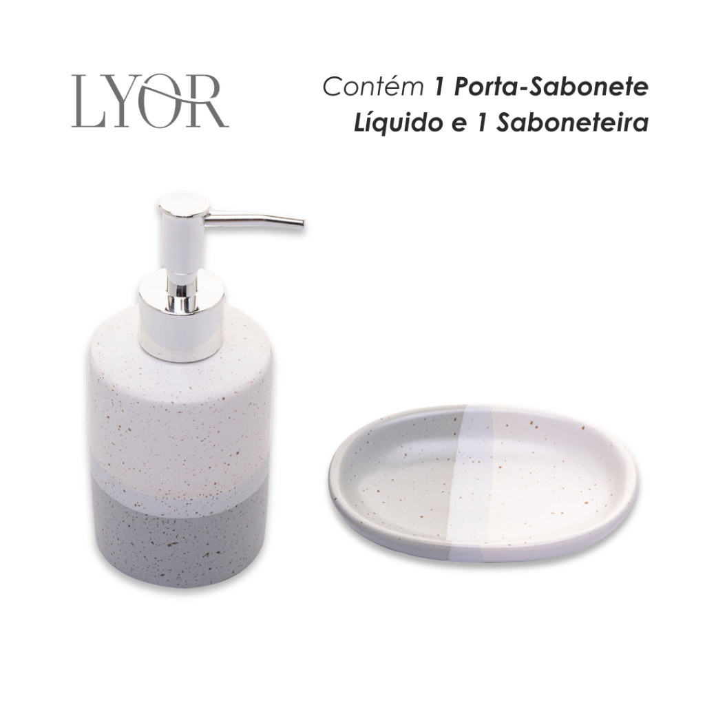 Conjunto para Banheiro Cerâmica Degradê Cinza 2 peças Lyor com Porta Sabonete Líquido e Saboneteira Organização Moderno — imagem 2 de 2