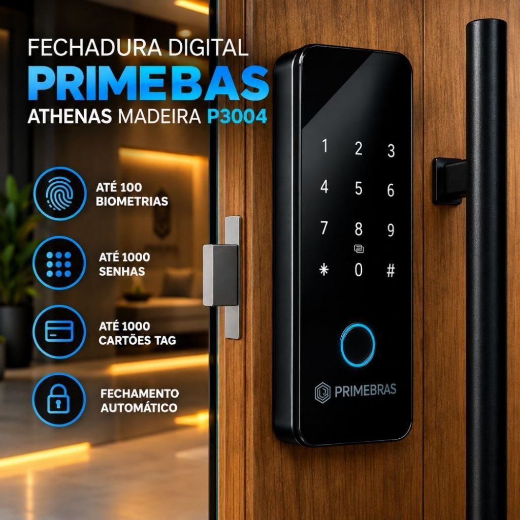 Fechadura Digital Primebras Athenas Madeira P3004 Biometria Senha Cartão TAG Preta