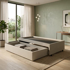 Base Box Cama Solteiro com Gaveta Sapateira 88x188cm Courino Linho Areia