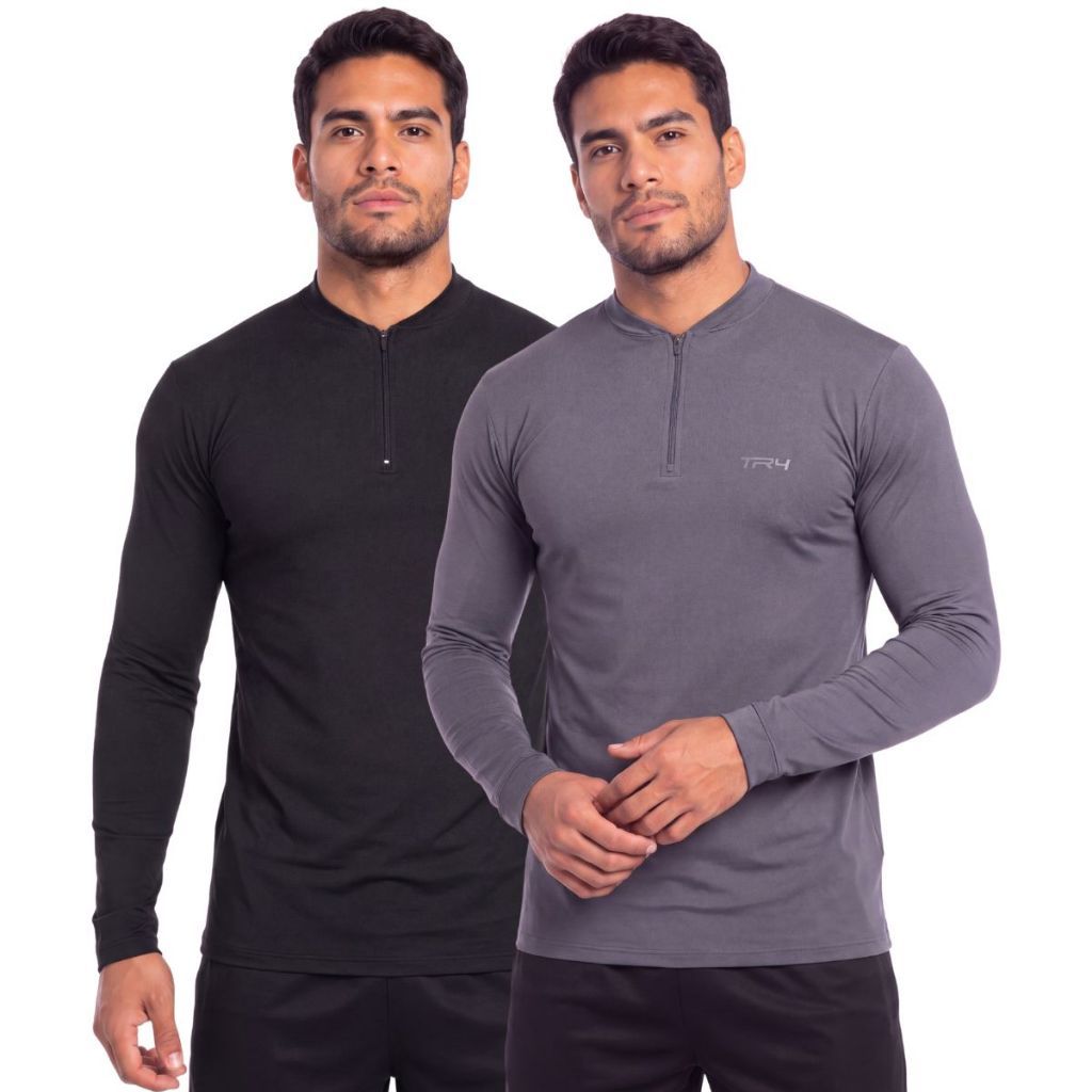 Kit 2 Camisas Camisetas Manga Longa Esportiva Masculina Proteção Solar UV Zíper Leve Respirável