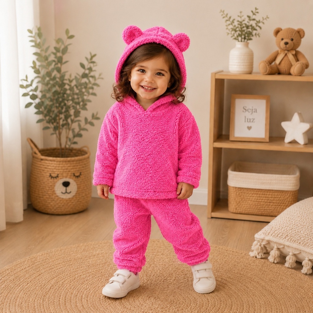 conjunto peluciado infantil  tipo moleton de frio inverno menina peluciado quentinho touca criança de 1 a 8 anos