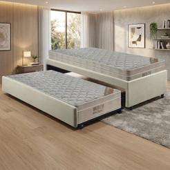 Bicama Box Solteiro Linho Bege 88x188 Com Dois Colchões Airtech Molas Ensacadas Ortobom