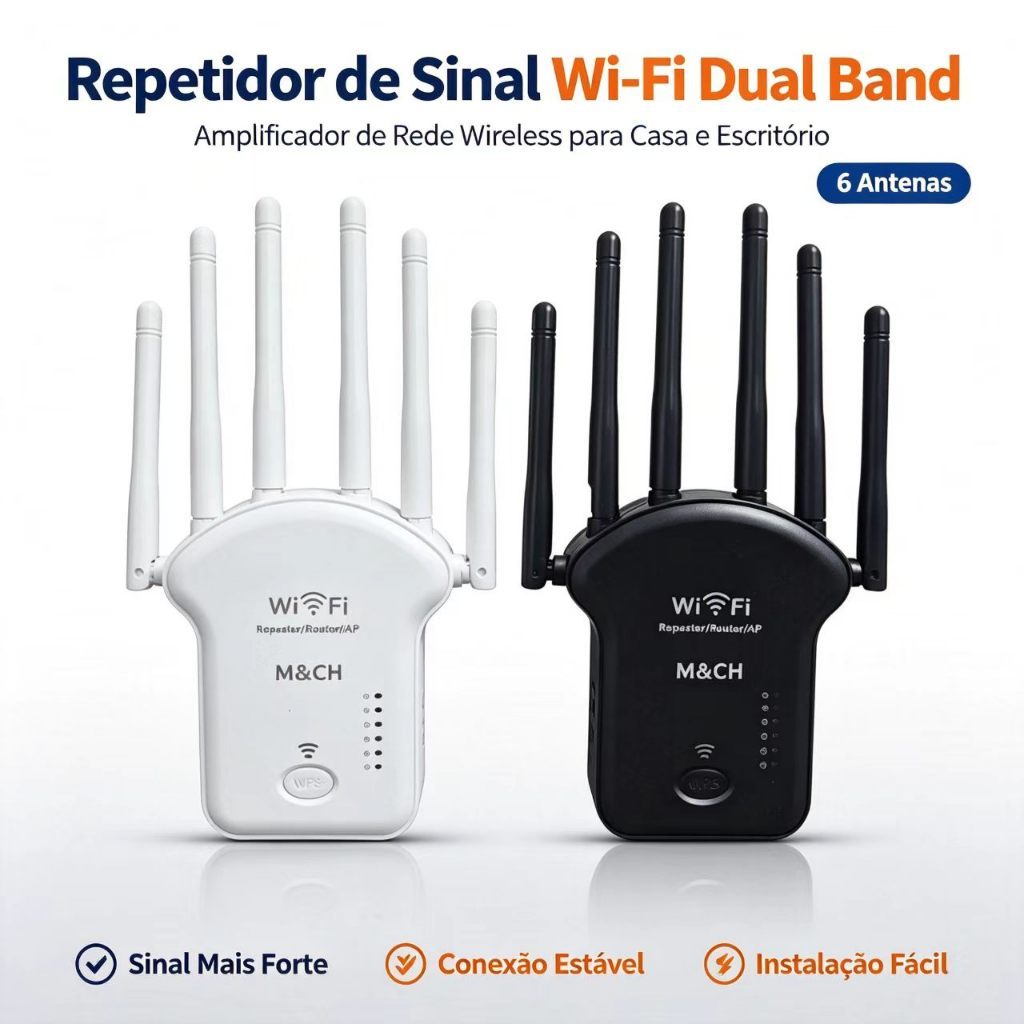 Repetidor de Sinal Wi-Fi Dual Band, Amplificador de Rede Wireless com 6 Antenas, Modo Repetidor/Roteador/AP para Casa