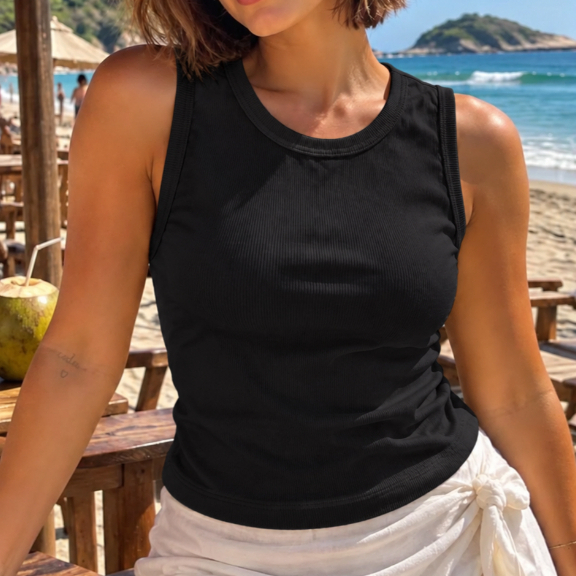 Regata Feminina Básica Canelada Justa Sem Manga Gola Redonda Casual Verão Confortável