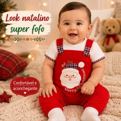 Conjunto Jardineira e Camiseta Infantil bordada NATAL para Bebê de Malha Menino Papai Noel 02 peças roupas bebe