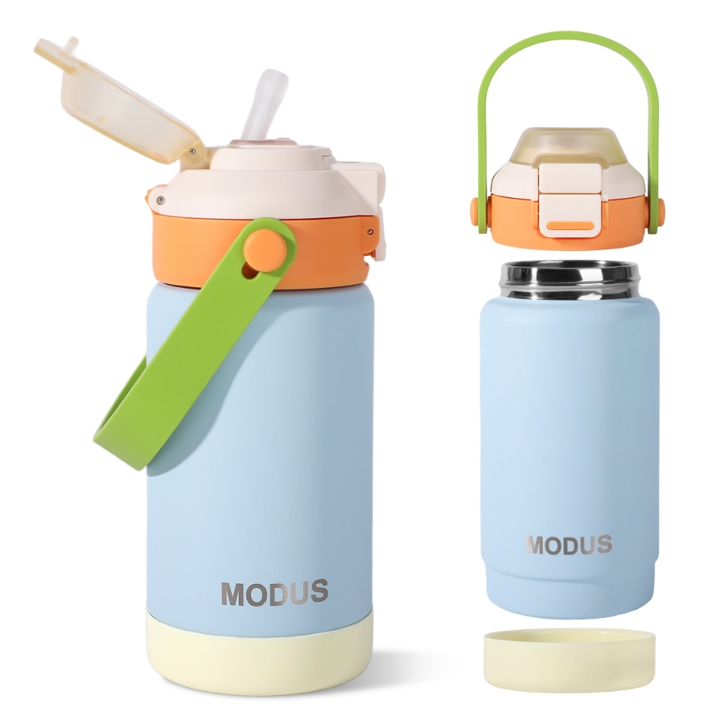 MODUS Thermos infantil 350ml Aço Inox 304 Canudo e Bico 2 em 1 Tampa Flip com Trava, Alça, Base Protetora