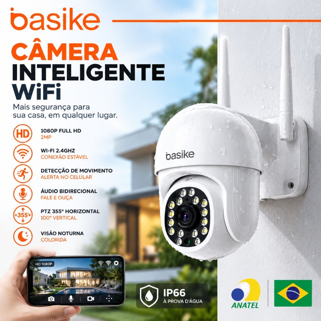 Basike Câmera de Segurança WiFi 1080P IP66 PTZ 300° Visão Noturna Colorida Áudio Bidirecional
