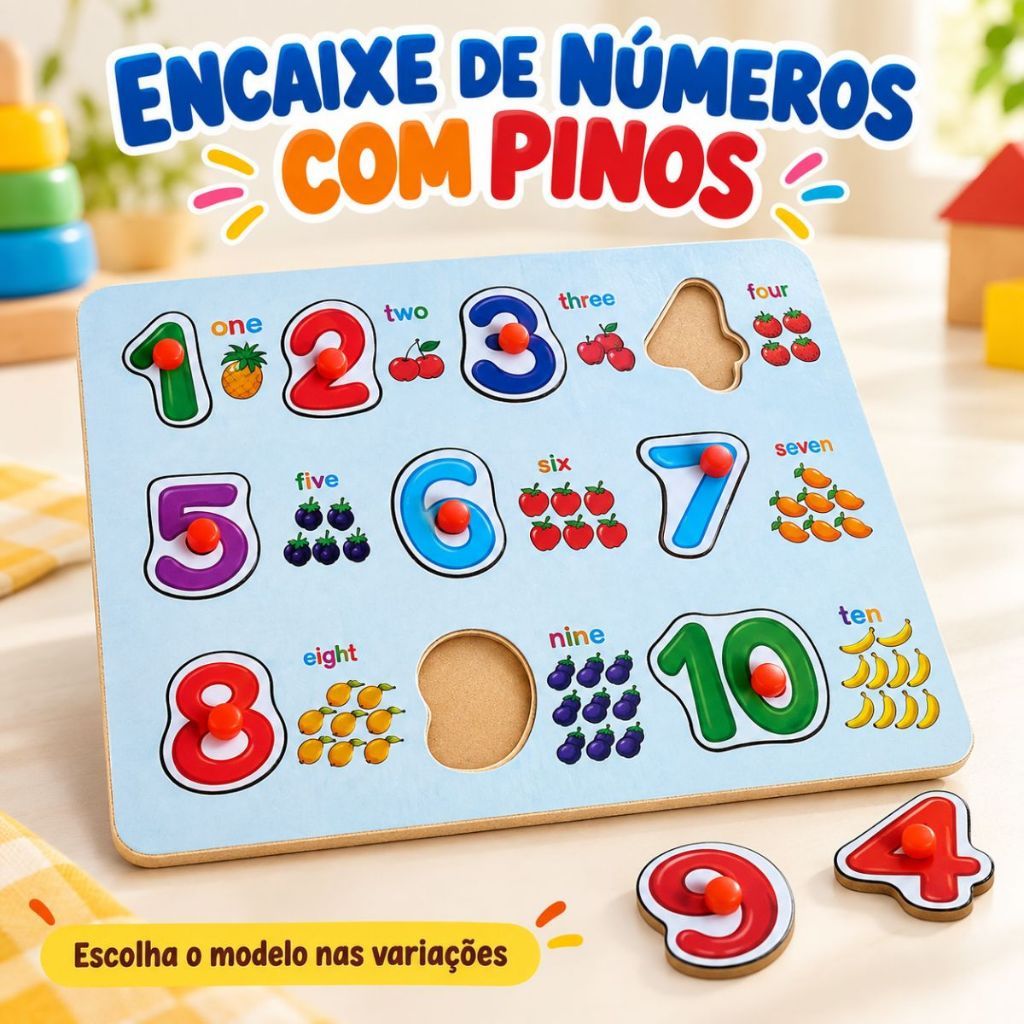 Brinquedo Educativo Infantil Quebra Cabeça de Encaixe MDF Animais Números com Pinos de Madeira Montessori Coordenação — imagem 2 de 2