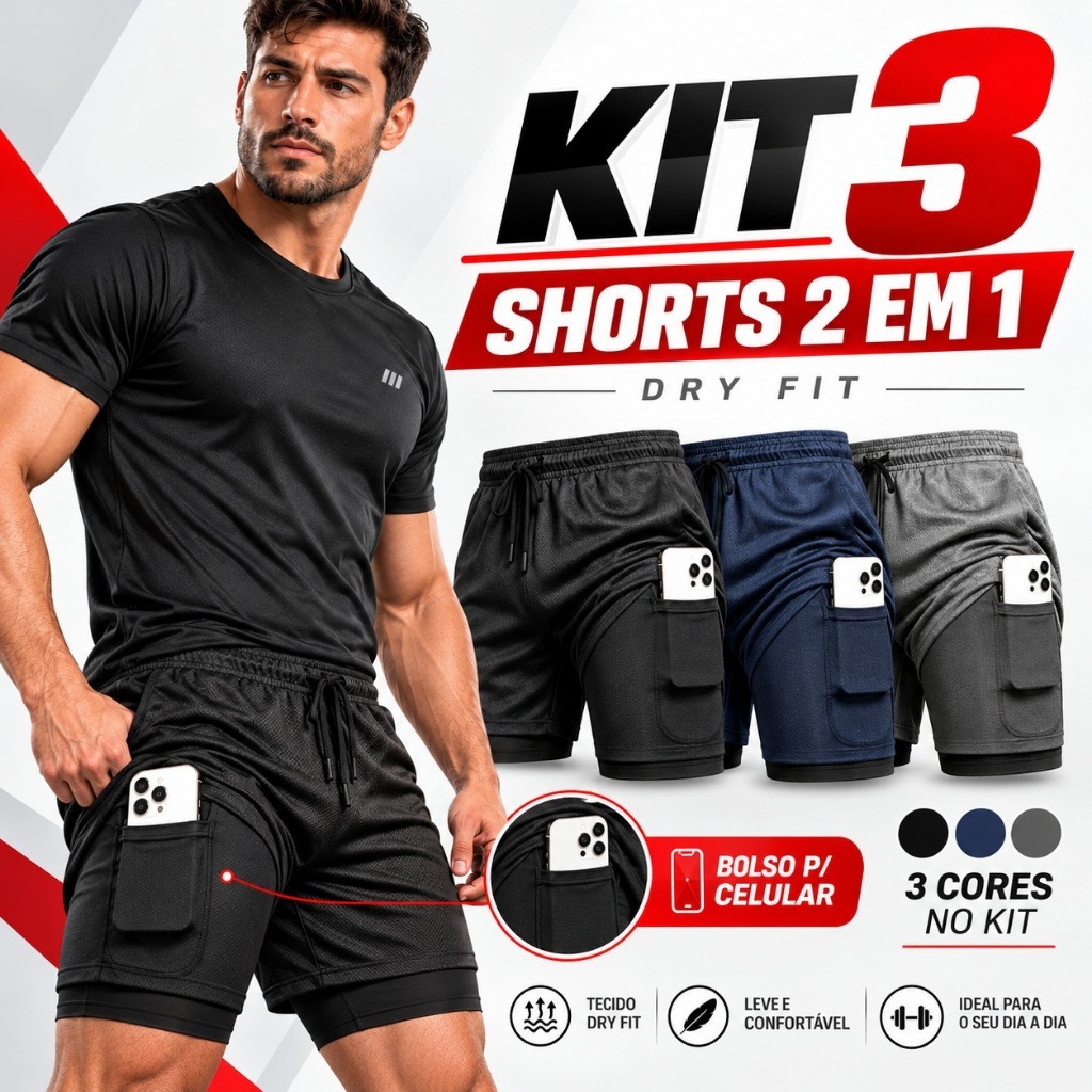 Kit 3 Shorts 2 em 1 Dryfit Masculino Academia Corrida Treino Bermuda comprime Seca Rápida Confortável Fitnes