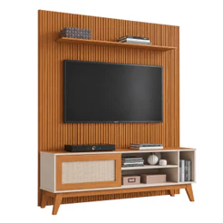 Rack Bancada Caribe Com Painel Para TV Até 55 Polegadas 1,35m Egeo Cedro/Off White Ripado Impressão 3D EDN