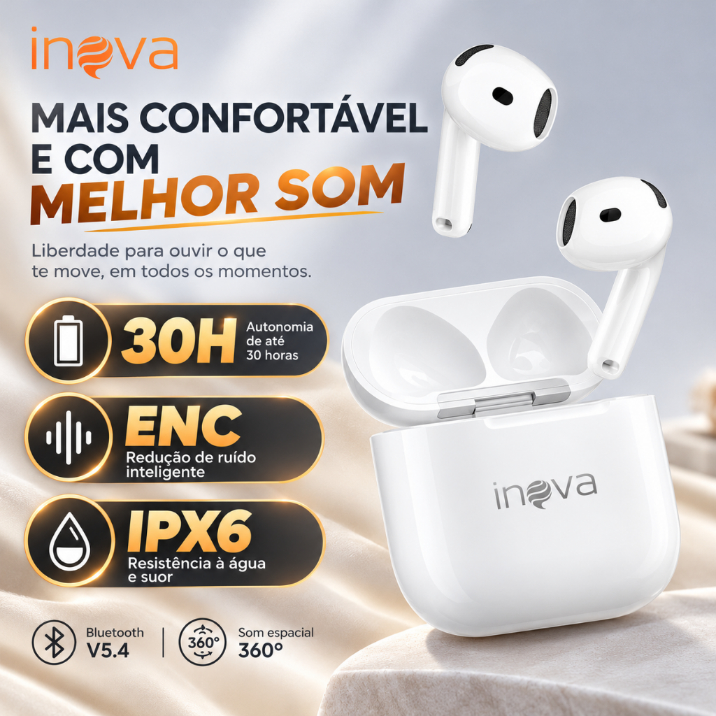 INOVA Fone In-ear Bluetooth 5.4 Cancelamento de Ruído ENC À Prova D’Água Autonomia até 45 Horas