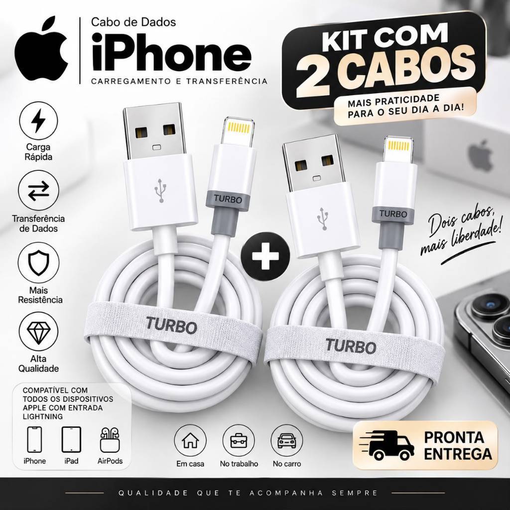Cabo Lightning para iPhone Carregamento Rápido | 1 Cabo ou Kit com 2 Cabos | Compatível com iPhone, iPad e AirPods