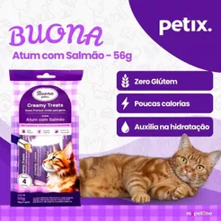 Petiscos Sachês Buona Petix Atum e Salmão Creamy Treats Para Gatos 4 Sachês 56g