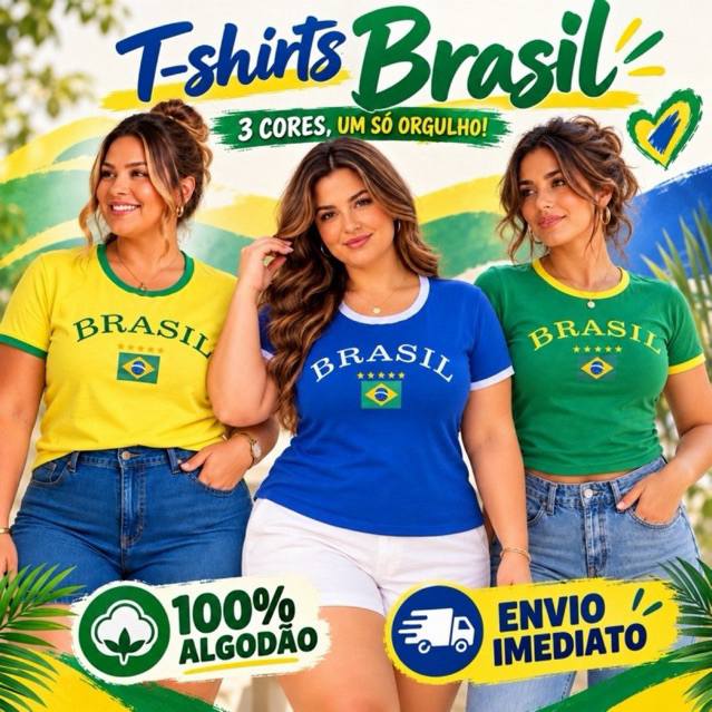 Camiseta T-Shirt Tema Brasil Copa do Mundo Algodão 30.1 Macia Estampada Casual Torcida Moda