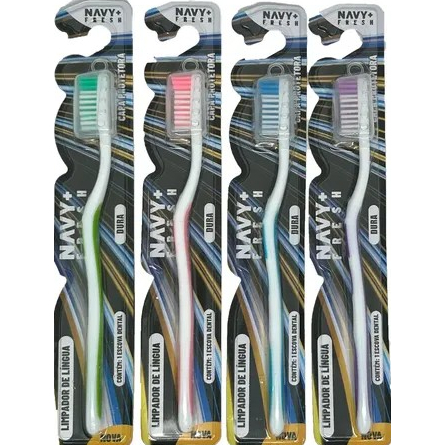 kit 4 Escova Dental Dura Adulto com Capa Protetora e Limpador de Língua.