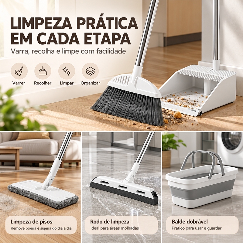 Kit Completo de 5 Peças para Limpeza Vassoura + Rodo + Pá +balde e Rodo Conjunto de esfregão -S7 — imagem 2 de 2