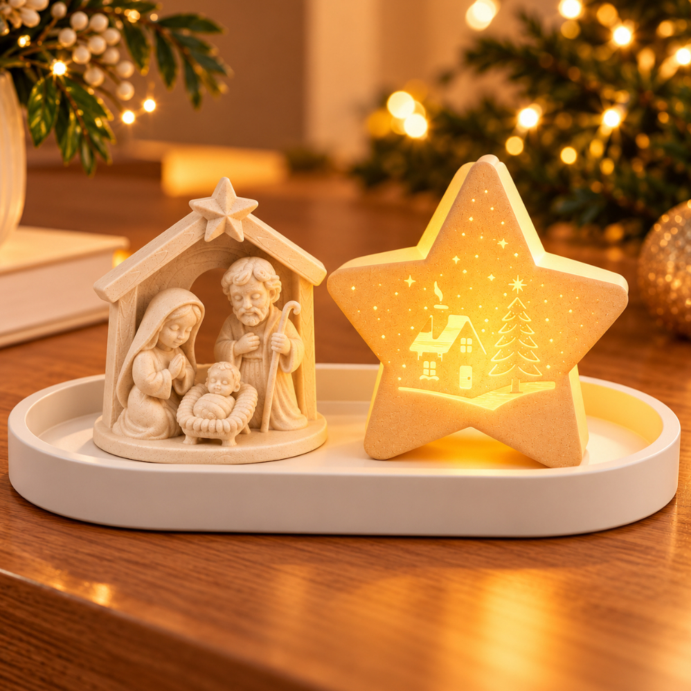 Decoração Presépio Natalino com Estrela LED Luminária e Bandeja Decorativa Enfeite de Natal para Mesa e Sala