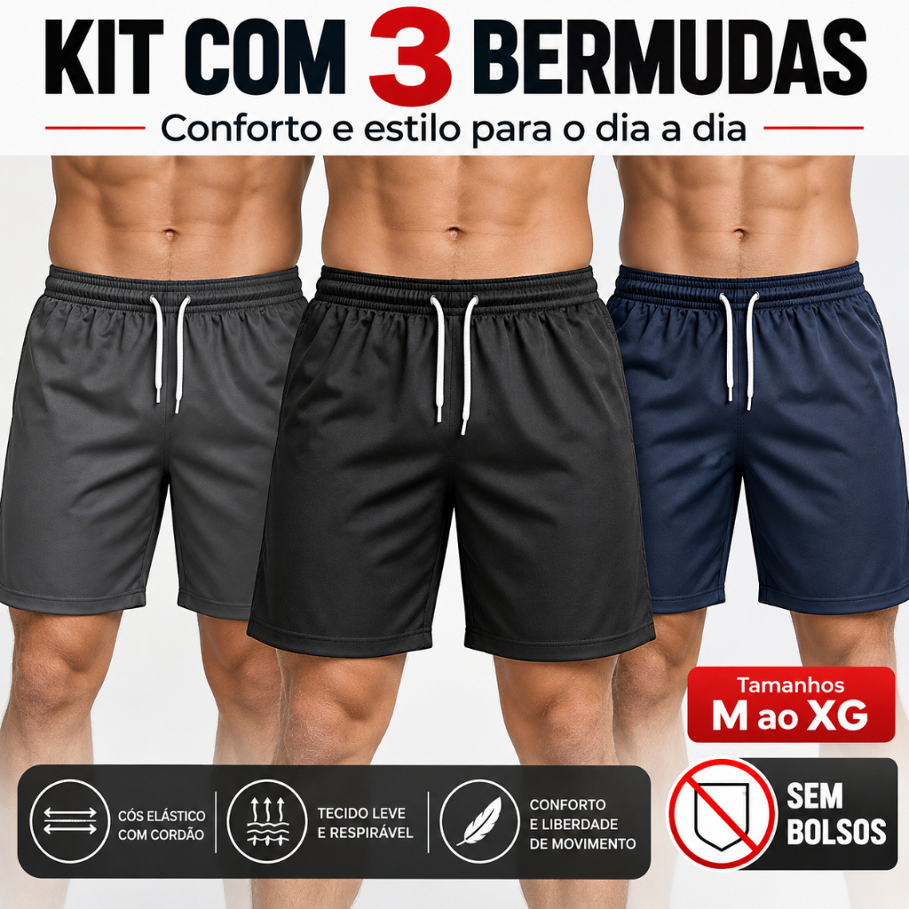 KIT 3 BERMUDAS MASCULINA LAZER DRYFIT HELANCA ESPORTES ESPECIAL CONFORTAVEL
