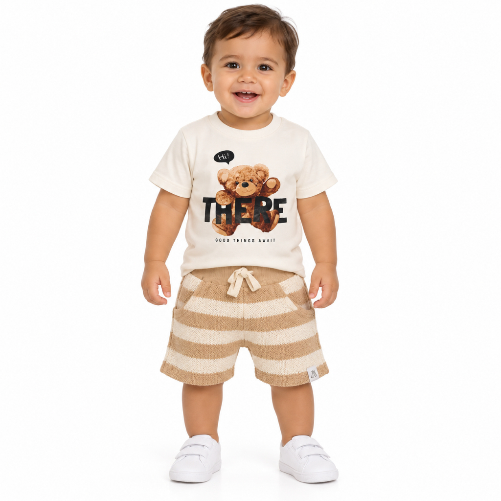 Conjunto Bebê Infantil Ursinho Camiseta Creme e Bermuda Listrada Bege Tamanho 1