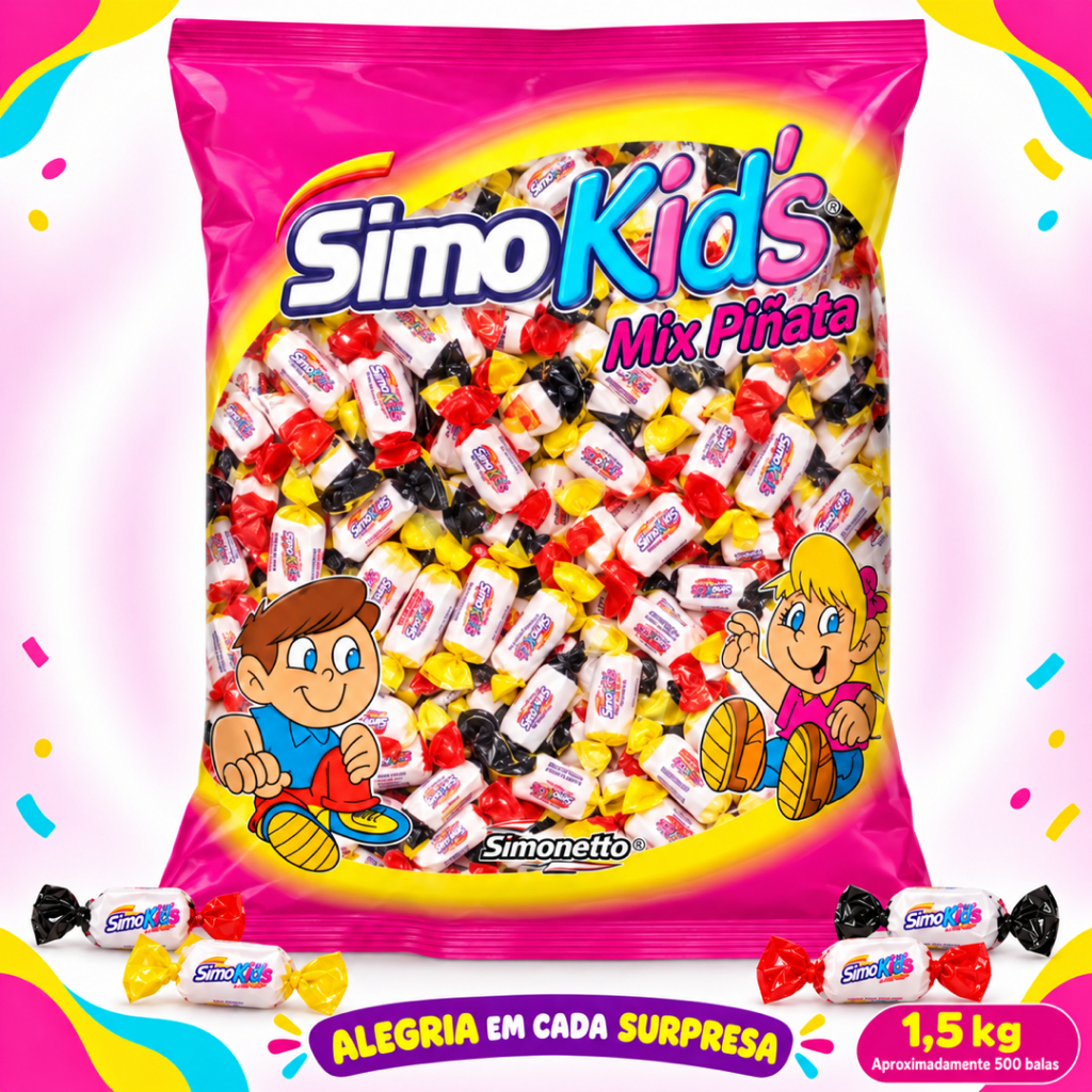 Bala Simo Kids Mix 1,5kg 500un Sortida Frutas Iogurte Simonetto Lembrancinha Festa Infantil