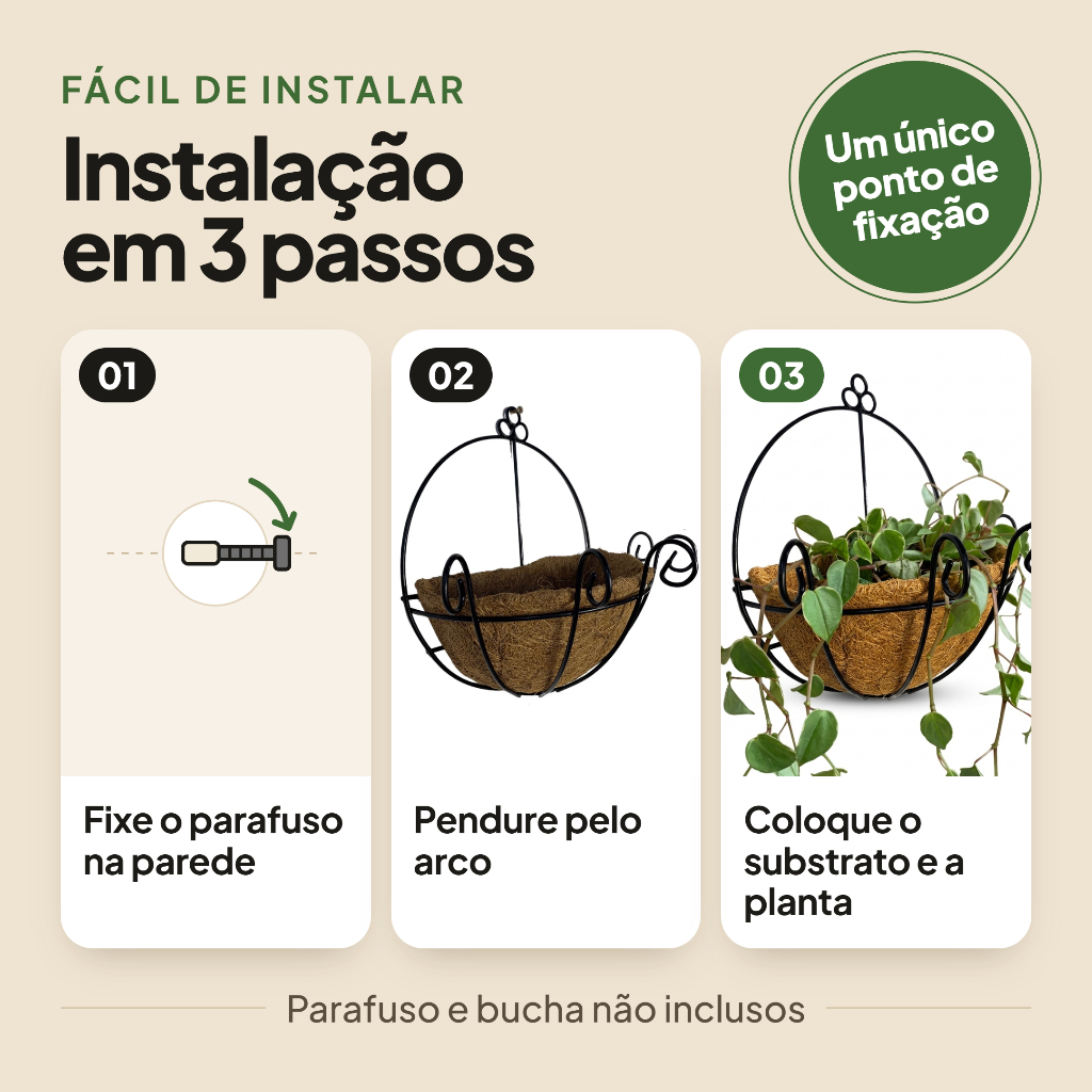 3 Vasos Fibra Coco Parede 30cm 6L Meio Vaso Pendente para Plantas · foto 2