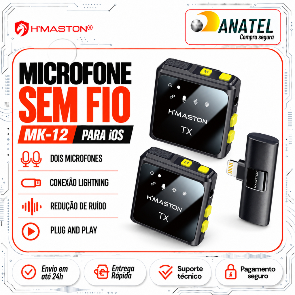 Microfone Lapela Sem Fio Profissional Tipo-C e Lightning para iPhone Android Alta Qualidade H’Maston MK-11/MK-12