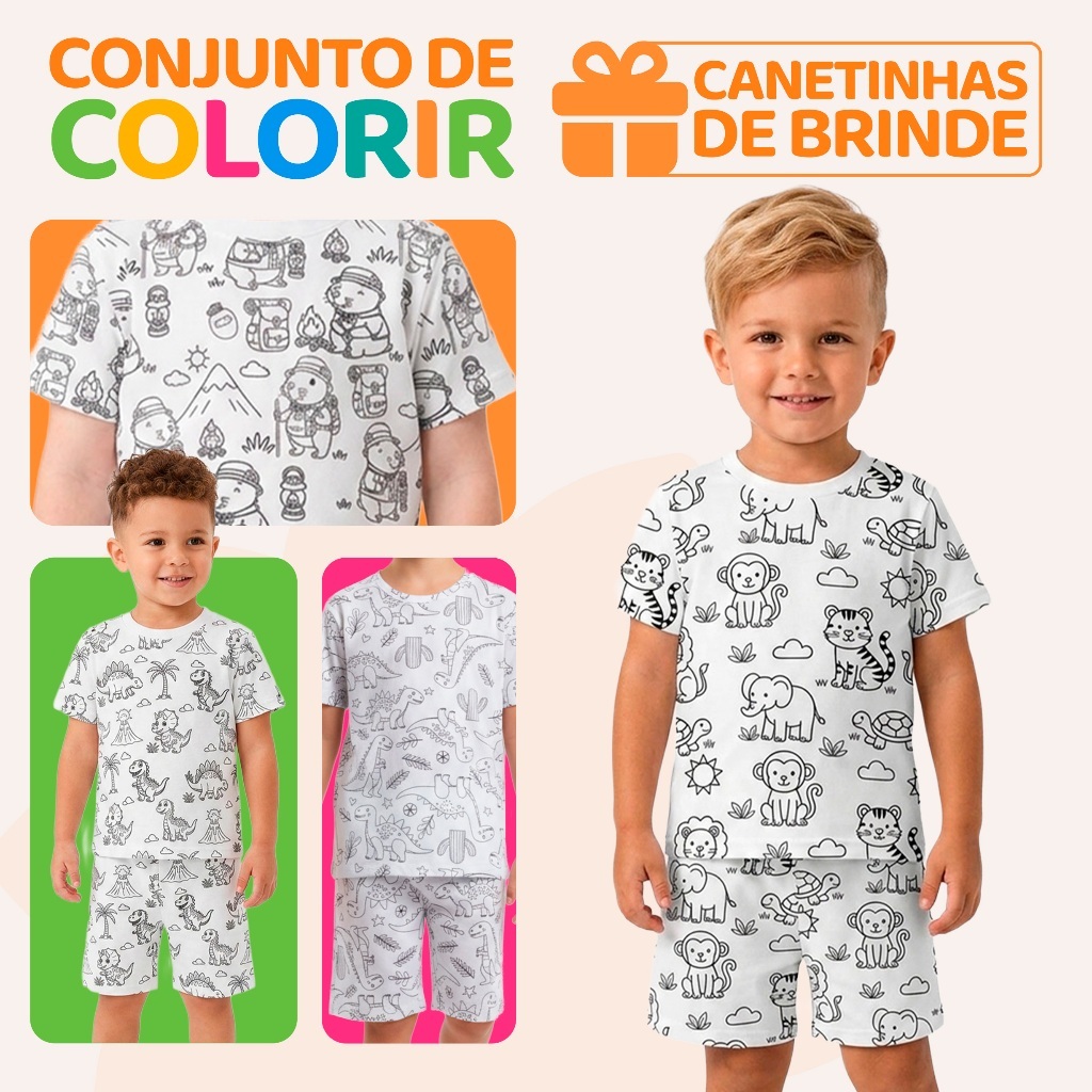 Pijama de Colorir Infantil Menino 100% Algodão Manga Curta Estampa de Colorir Roupa Criança Verão Criativo Conforto L06 · foto 2
