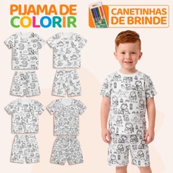 Kit de 2 Conjuntos Pijama Infantil 100% Algodão Menino de Colorir + Canetinhas Pijama Infantil Masculino