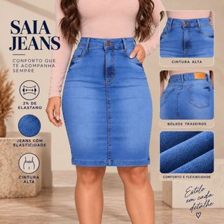 Saia Jeans Longuete Midi Evangélica com Elastano Secretária Moda Executiva