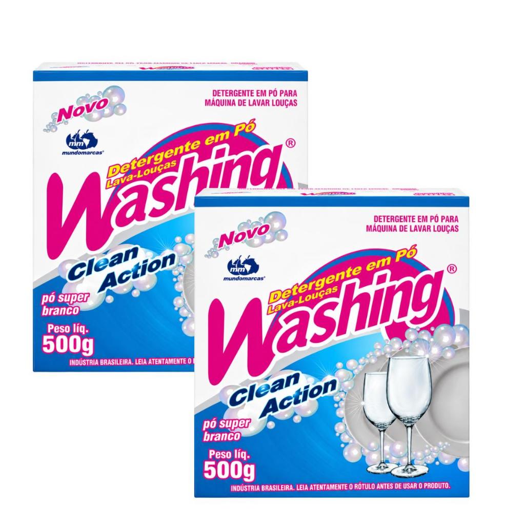 Kit 2 Unidades Lava Louças Em Pó Washing Clean Action 500g Super Branco Detergente