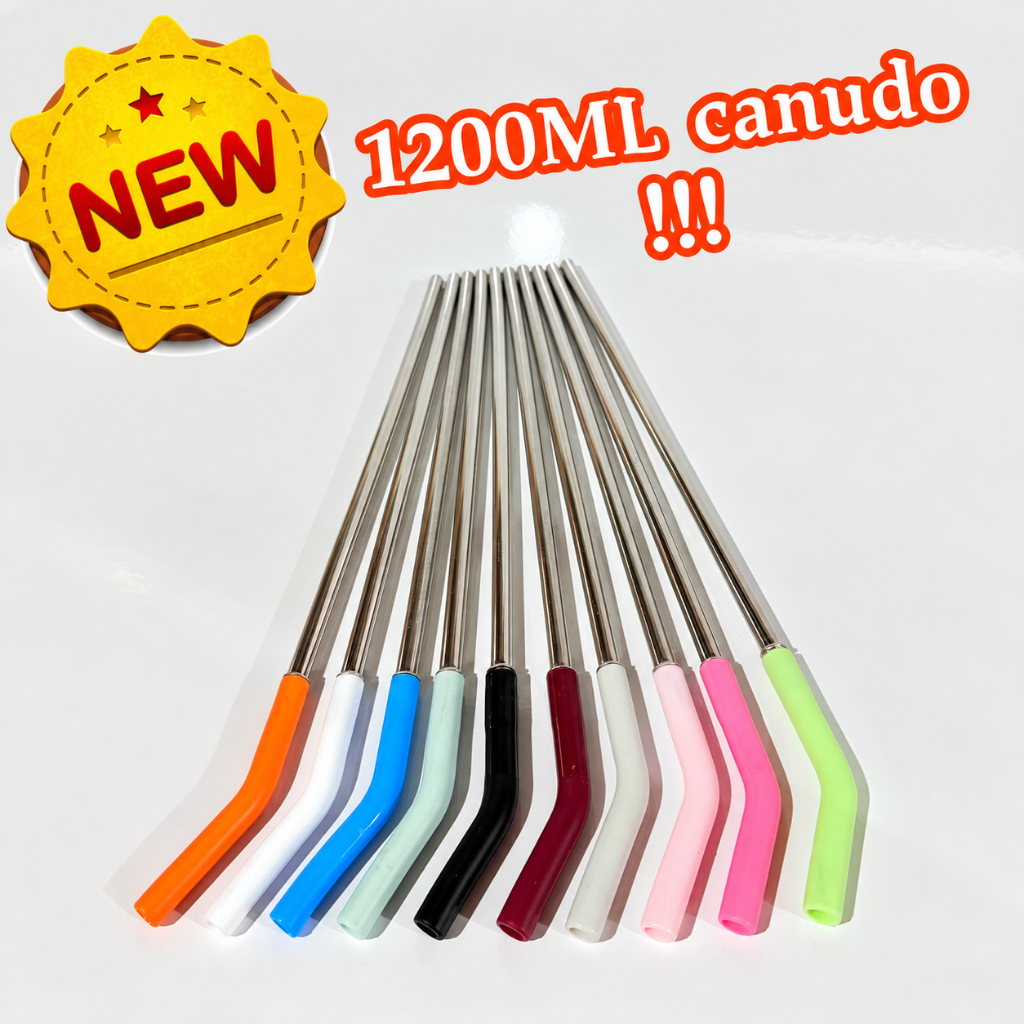 Canudo inox reutilizável em com ponta de silicone com Bico Silicone para Copo 1200ml, Garrafa térmica não incluída.